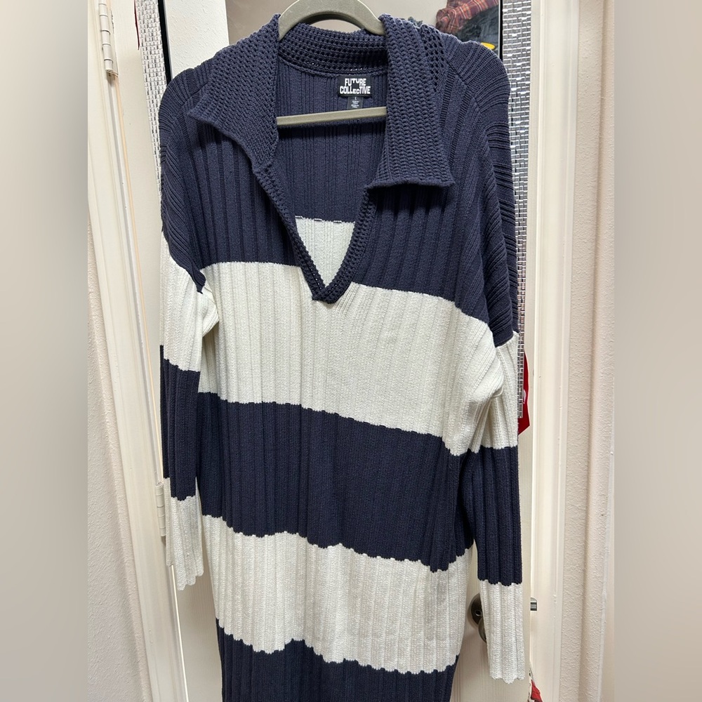 Classic Navy and White Striped V-Neck Dress